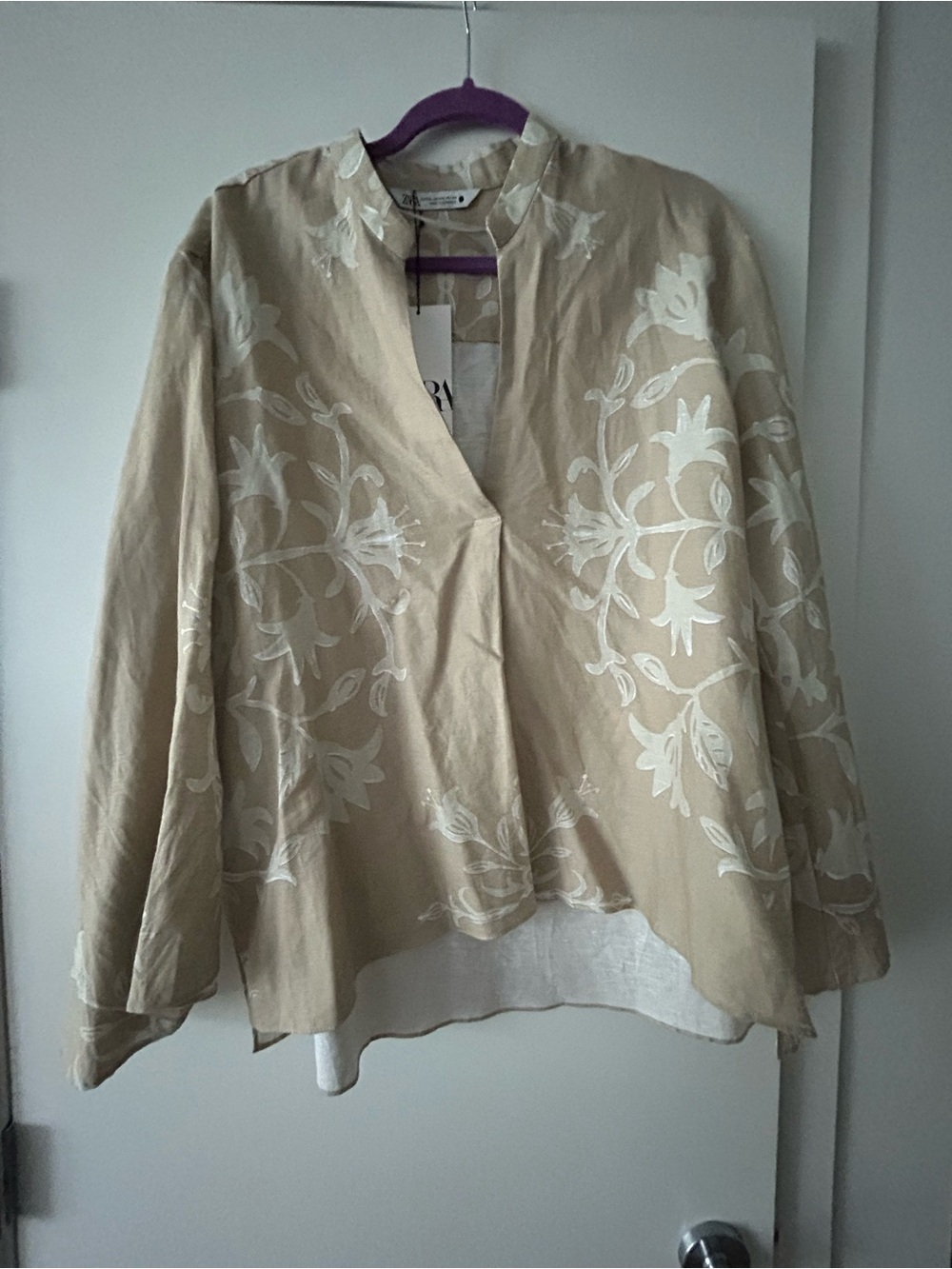 Zara Beige Tunic Top with White Floral Print